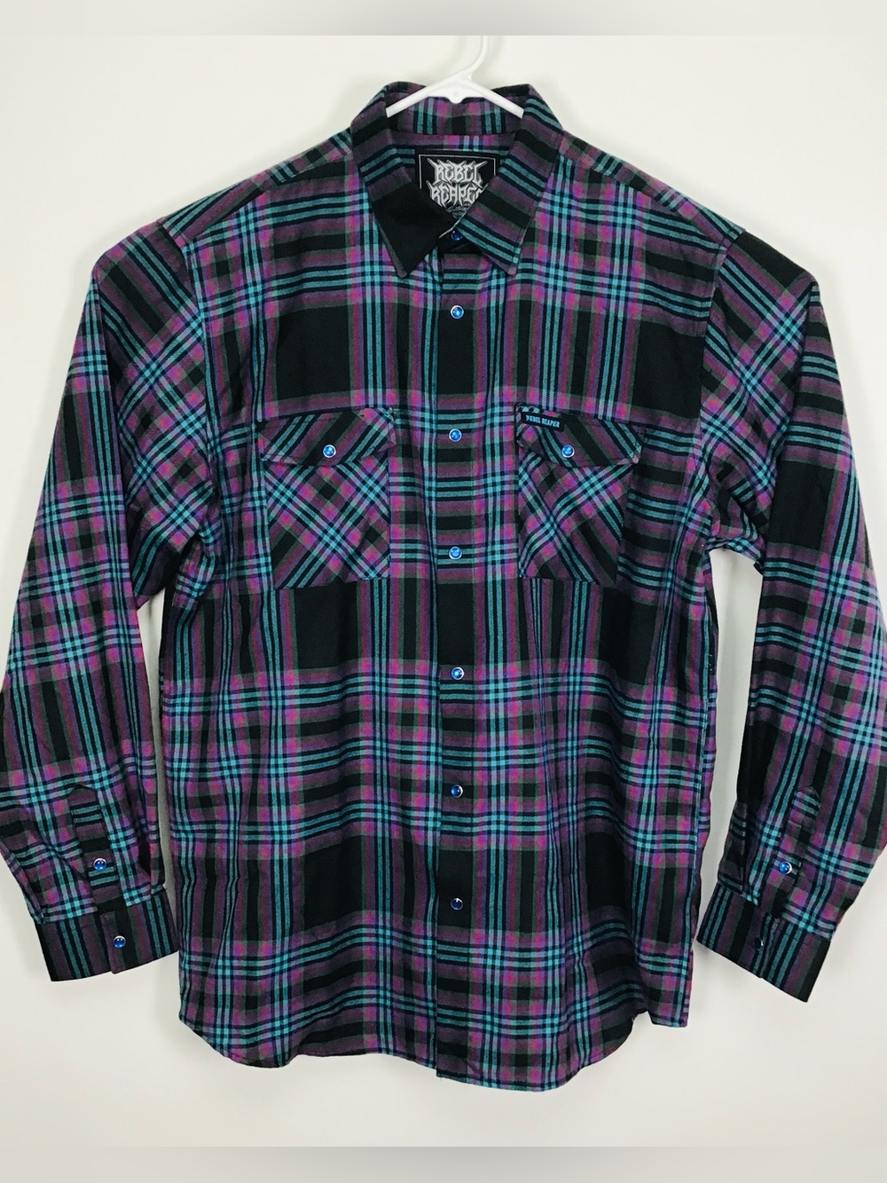 Rebel Reaper men’s long sleeve pearl snap button up flannel shirt XL